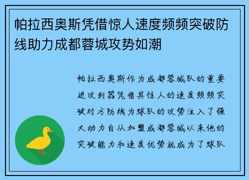 帕拉西奥斯凭借惊人速度频频突破防线助力成都蓉城攻势如潮